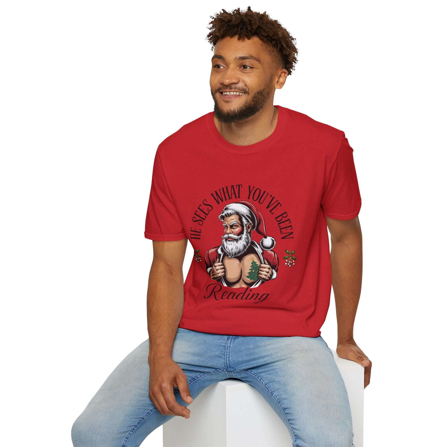 T‑Shirt — "He Sees What You've Been Reading" Funny Santa Christmas Tee, Gift for Book Readers
