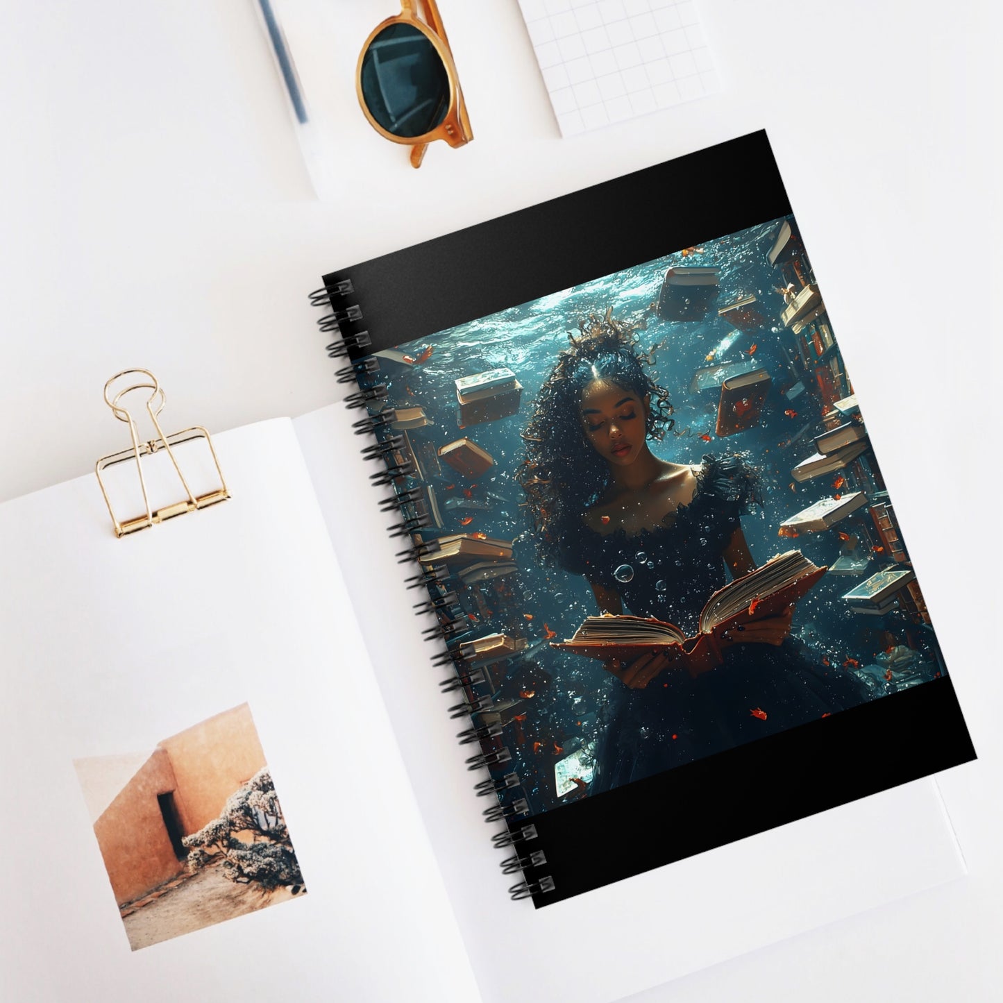 Bookcase underwater with a Girl Reading - Creative Writing, Journaling, School Supplies, Gift for Writers, Book Lovers, Art Enthusiasts