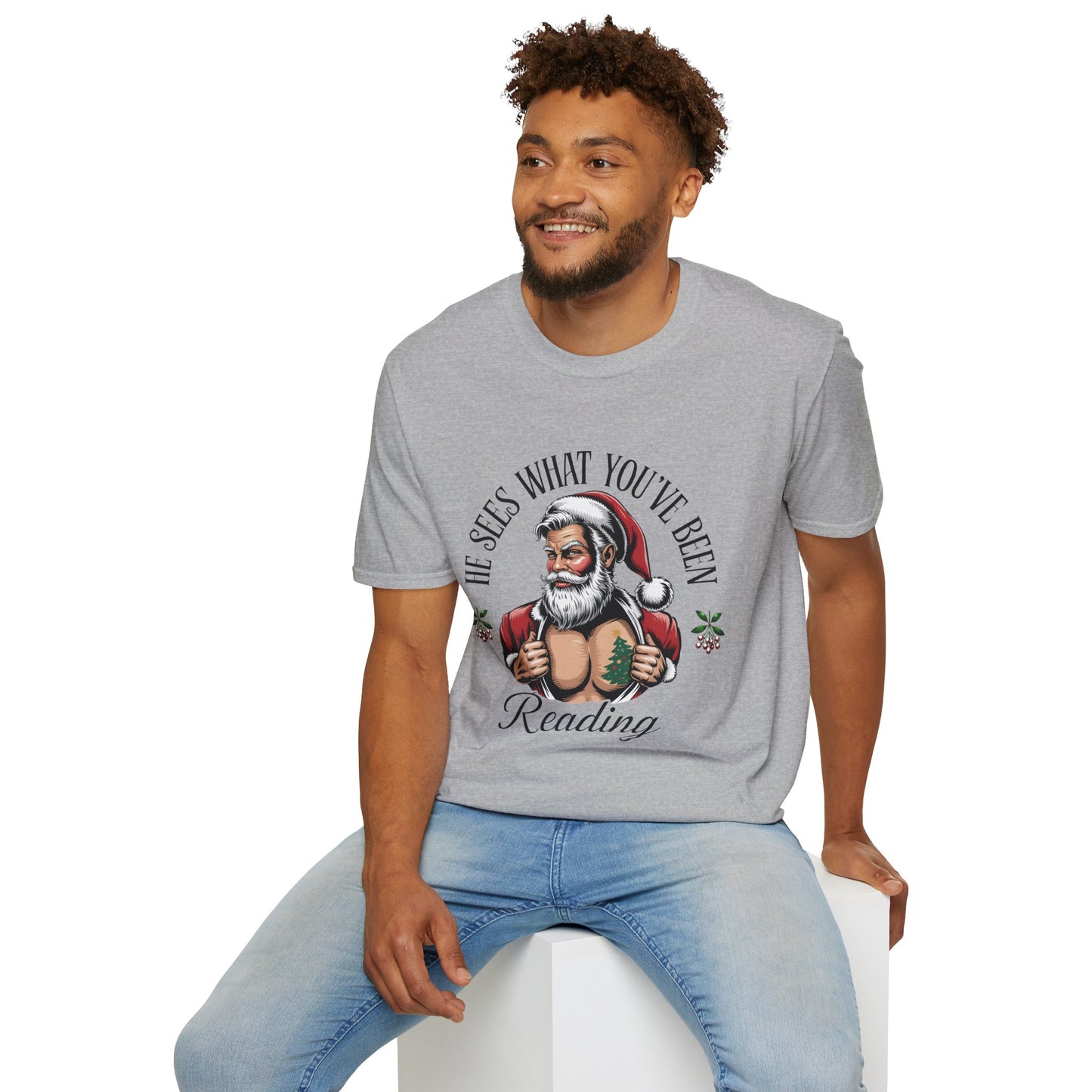 T‑Shirt — "He Sees What You've Been Reading" Funny Santa Christmas Tee, Gift for Book Readers