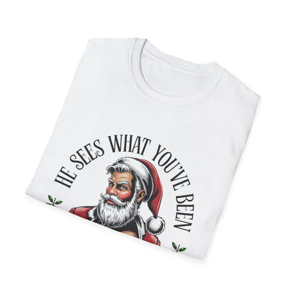 T‑Shirt — "He Sees What You've Been Reading" Funny Santa Christmas Tee, Gift for Book Readers