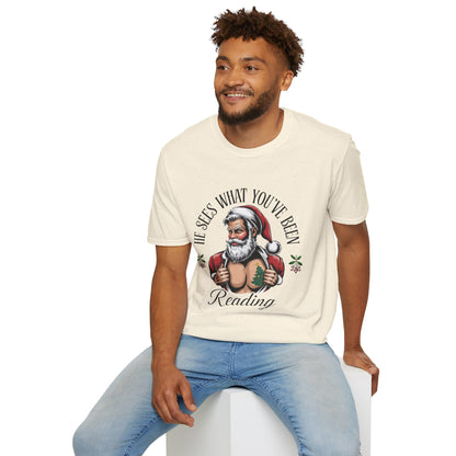 T‑Shirt — "He Sees What You've Been Reading" Funny Santa Christmas Tee, Gift for Book Readers