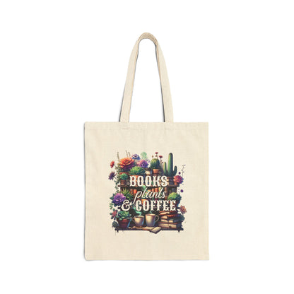 Books, Plants & Coffee Boho Tote Bag | Eco-Friendly Canvas Carryall | Gift for Book Lovers, Plant Moms, Coffee Enthusiasts