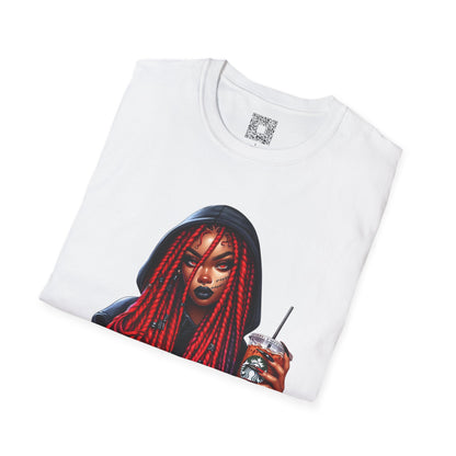 Gothic Emo Horror Girl with a Hoodie and an Ice Coffee Unisex Softstyle T-Shirt, Halloween, Alternative, Horror