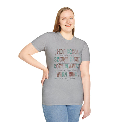 Cozy Winter Vibes T-Shirt — "Hot Cocoa, Snowy Nights, Cozy Blankets, Warm Hugs"