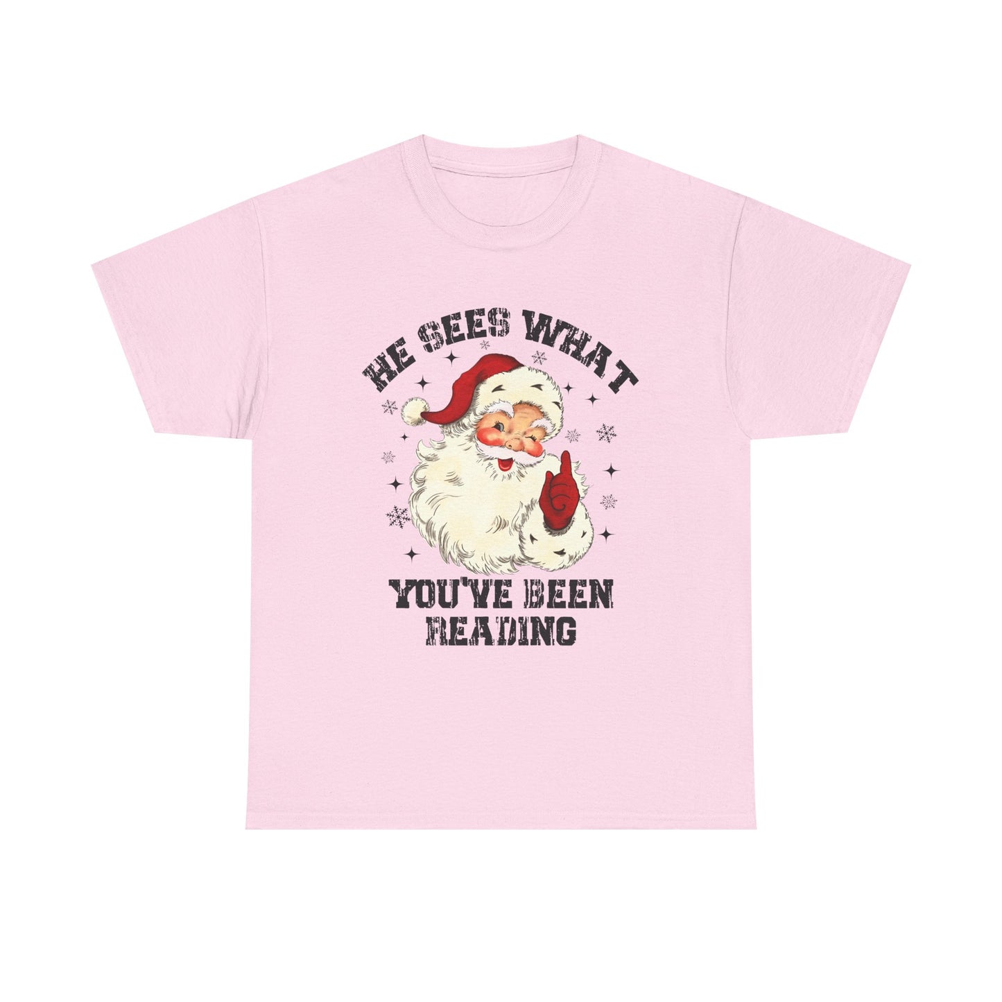 Santa Graphic T-Shirt — “He Sees What You’ve Been Reading” Christmas Tee - Holiday Spicy Reading Tee