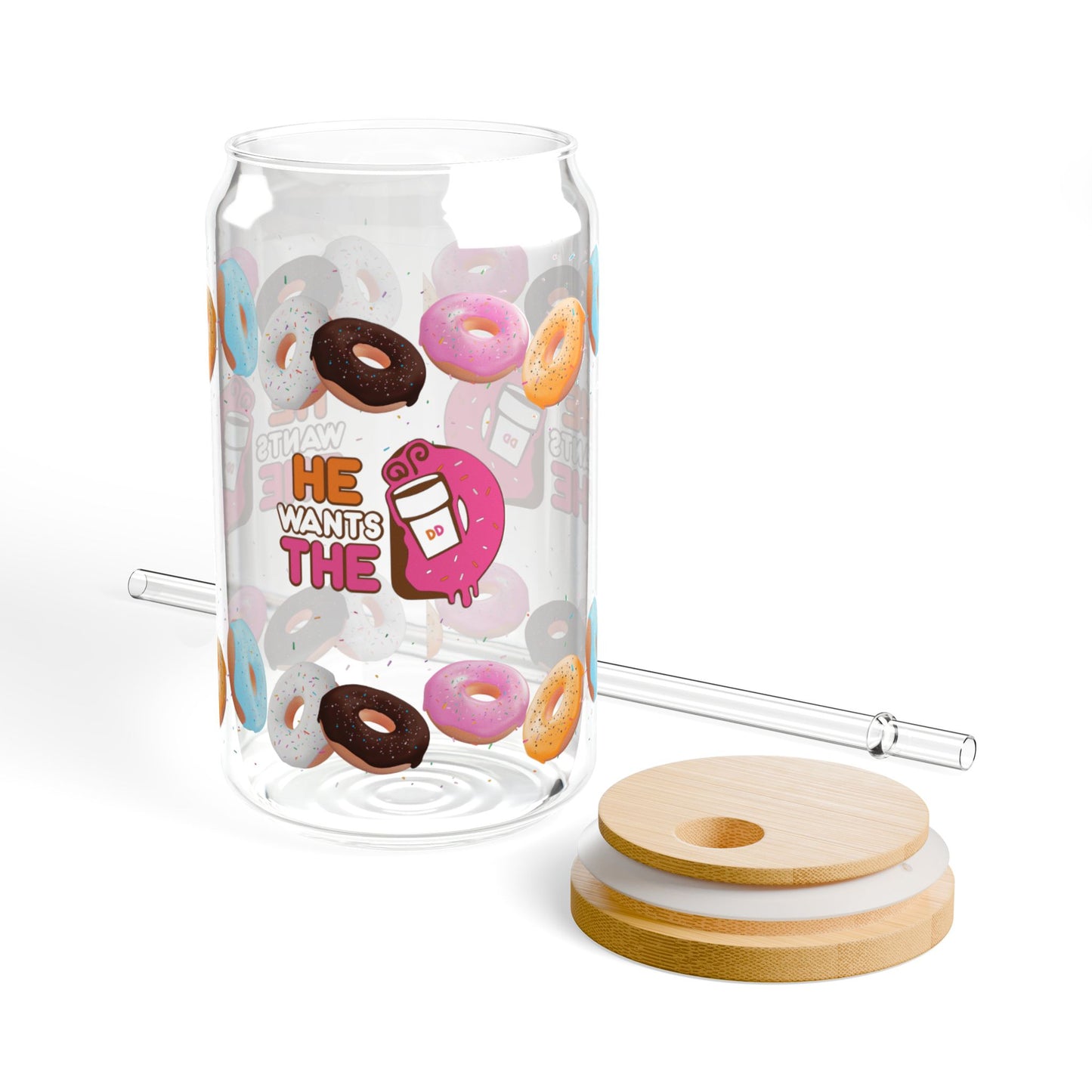 He wants the D-Donut-Themed Sipper Glass, Iced Coffee Drinkware, Iced Tea Drinkware