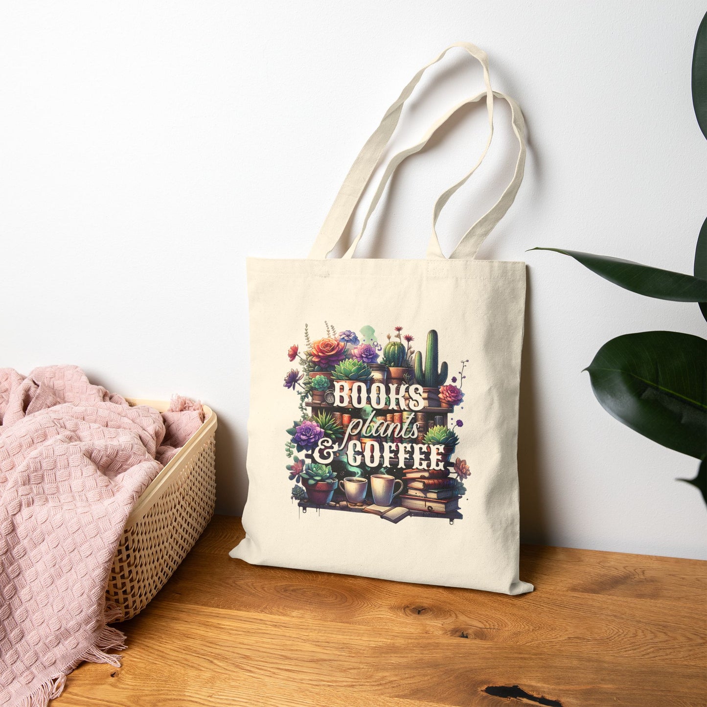 Books, Plants & Coffee Boho Tote Bag | Eco-Friendly Canvas Carryall | Gift for Book Lovers, Plant Moms, Coffee Enthusiasts