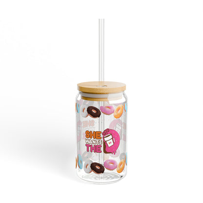 She Wants the D -  Donut Sipper Glass - 16oz Drinkware, Fun Ice Coffee Sipper, Gifts for Smoothie Enthusiast, Unique Coffee Cup