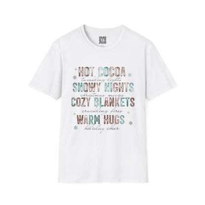 Cozy Winter Vibes T-Shirt — "Hot Cocoa, Snowy Nights, Cozy Blankets, Warm Hugs"