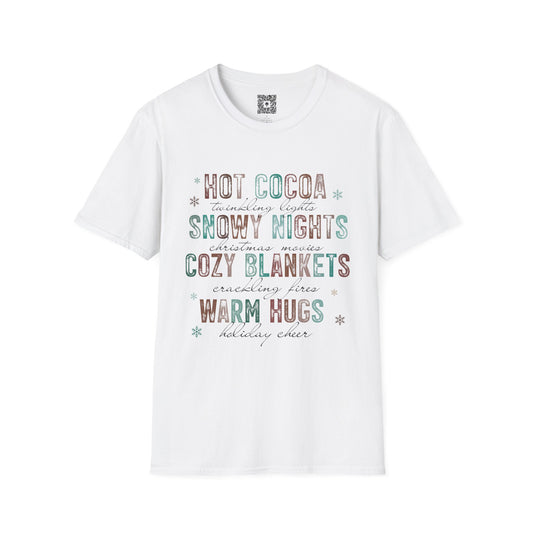 Cozy Winter Vibes T-Shirt — "Hot Cocoa, Snowy Nights, Cozy Blankets, Warm Hugs"