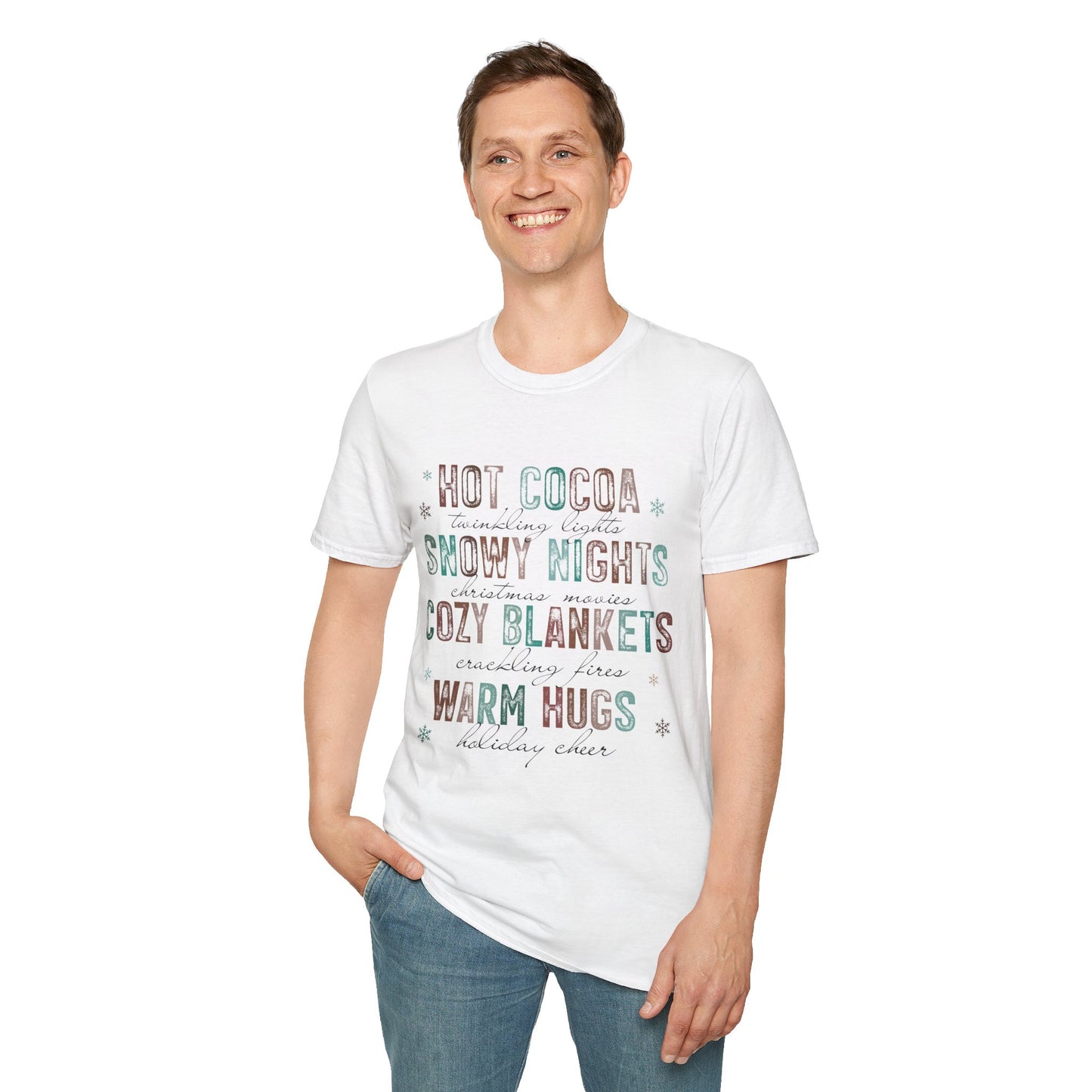 Cozy Winter Vibes T-Shirt — "Hot Cocoa, Snowy Nights, Cozy Blankets, Warm Hugs"