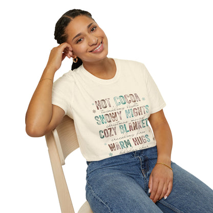 Cozy Winter Vibes T-Shirt — "Hot Cocoa, Snowy Nights, Cozy Blankets, Warm Hugs"