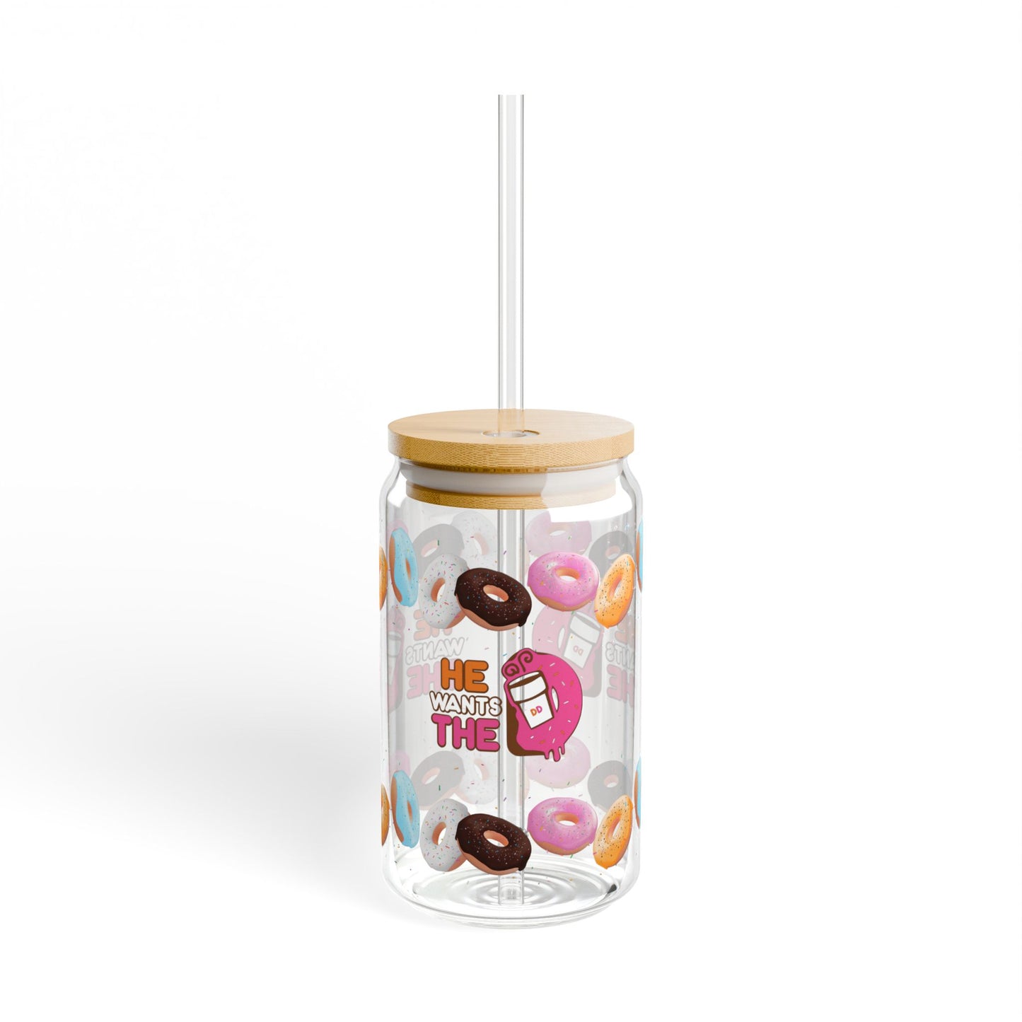 He wants the D-Donut-Themed Sipper Glass, Iced Coffee Drinkware, Iced Tea Drinkware