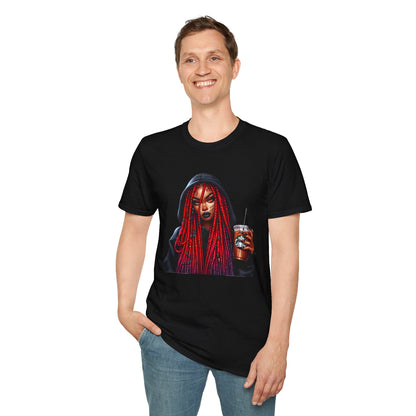 Gothic Emo Horror Girl with a Hoodie and an Ice Coffee Unisex Softstyle T-Shirt, Halloween, Alternative, Horror