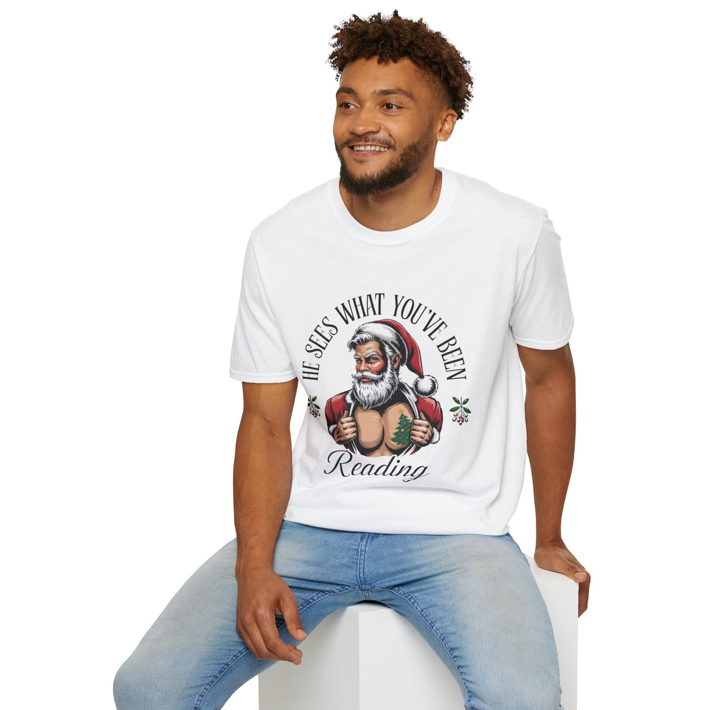 T‑Shirt — "He Sees What You've Been Reading" Funny Santa Christmas Tee, Gift for Book Readers