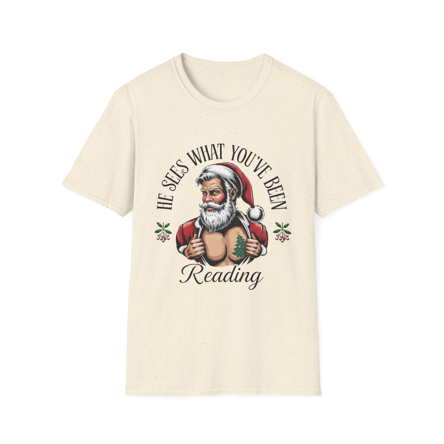 T‑Shirt — "He Sees What You've Been Reading" Funny Santa Christmas Tee, Gift for Book Readers