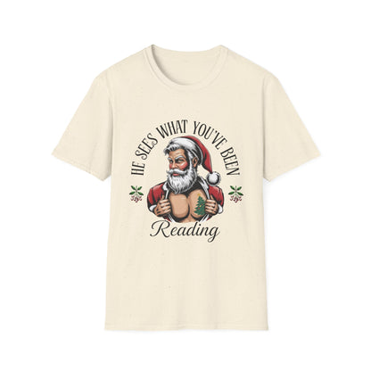 T‑Shirt — "He Sees What You've Been Reading" Funny Santa Christmas Tee, Gift for Book Readers