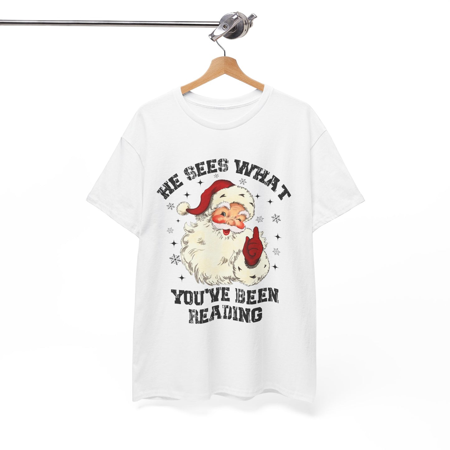 Santa Graphic T-Shirt — “He Sees What You’ve Been Reading” Christmas Tee - Holiday Spicy Reading Tee