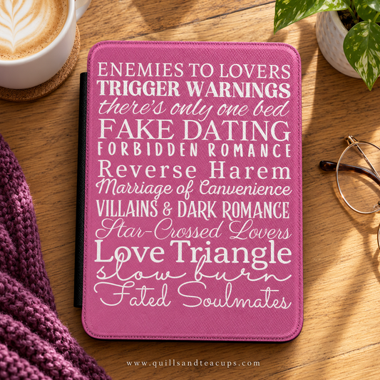 Pink Romance Tropes Kindle Paperwhite Case | Magnetic Cover with Hand Strap | Enemies to Lovers & Slow Burn | Book Lover Gift