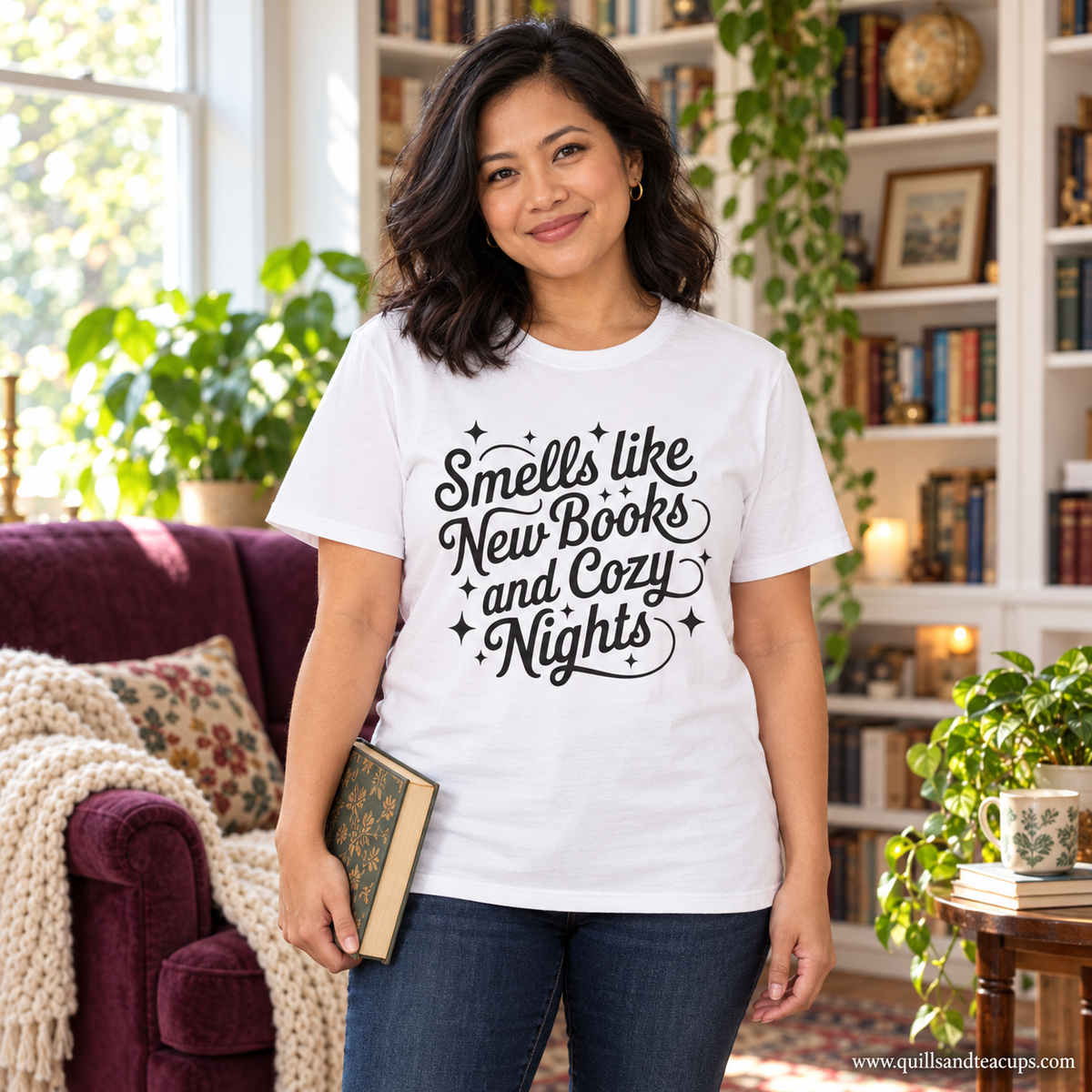 Smells Like New Books and Cozy Nights Shirt | Book Lover T-Shirt | Star Graphic Reader Tee | Librarian Gift | Bookish Shirt