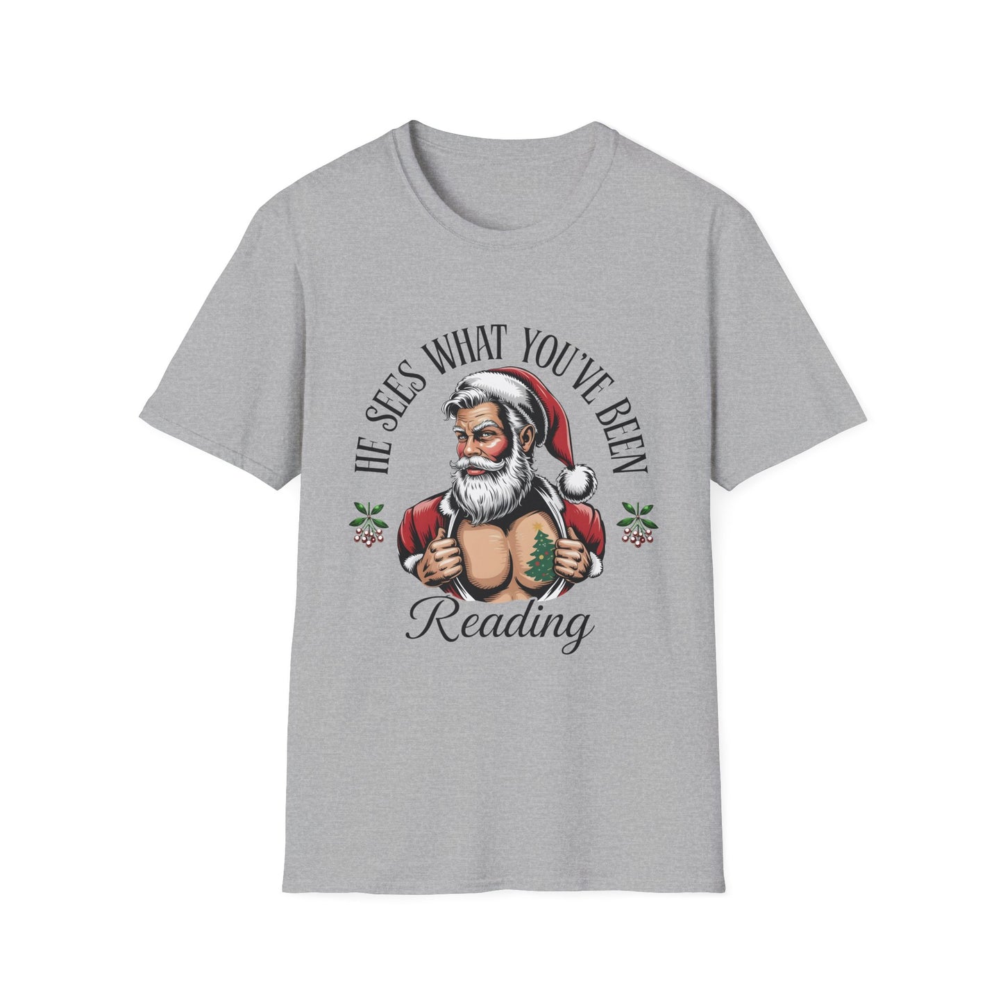 T‑Shirt — "He Sees What You've Been Reading" Funny Santa Christmas Tee, Gift for Book Readers