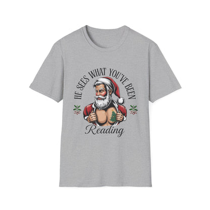 T‑Shirt — "He Sees What You've Been Reading" Funny Santa Christmas Tee, Gift for Book Readers