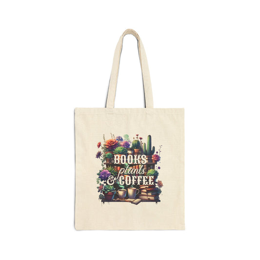 Books, Plants & Coffee Boho Tote Bag | Eco-Friendly Canvas Carryall | Gift for Book Lovers, Plant Moms, Coffee Enthusiasts