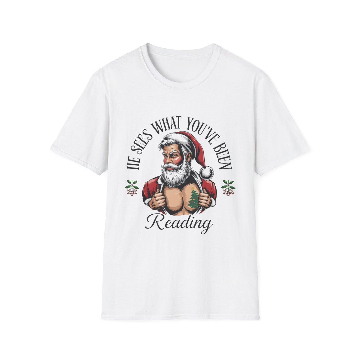 T‑Shirt — "He Sees What You've Been Reading" Funny Santa Christmas Tee, Gift for Book Readers