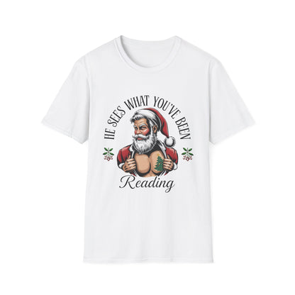 T‑Shirt — "He Sees What You've Been Reading" Funny Santa Christmas Tee, Gift for Book Readers