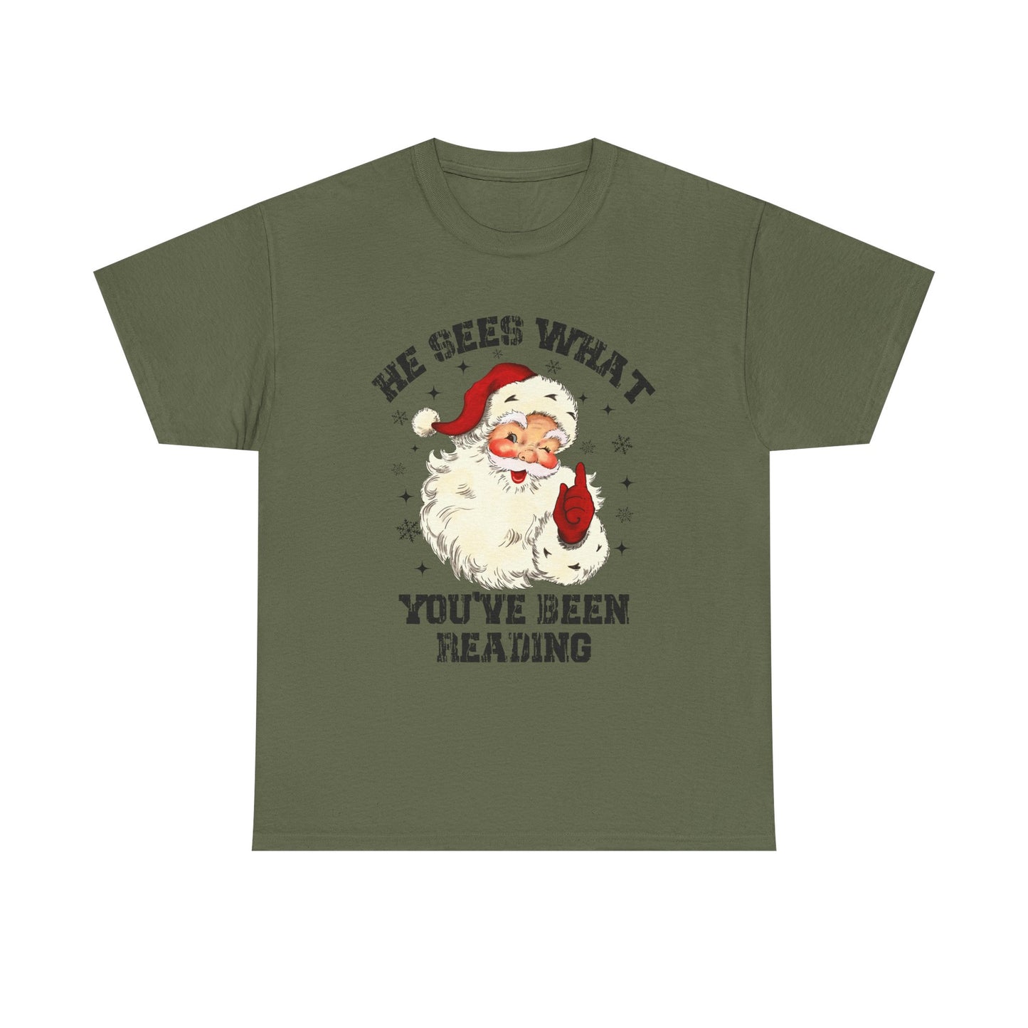 Santa Graphic T-Shirt — “He Sees What You’ve Been Reading” Christmas Tee - Holiday Spicy Reading Tee