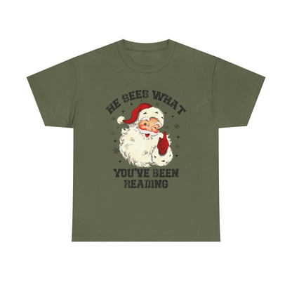 Santa Graphic T-Shirt — “He Sees What You’ve Been Reading” Christmas Tee - Holiday Spicy Reading Tee