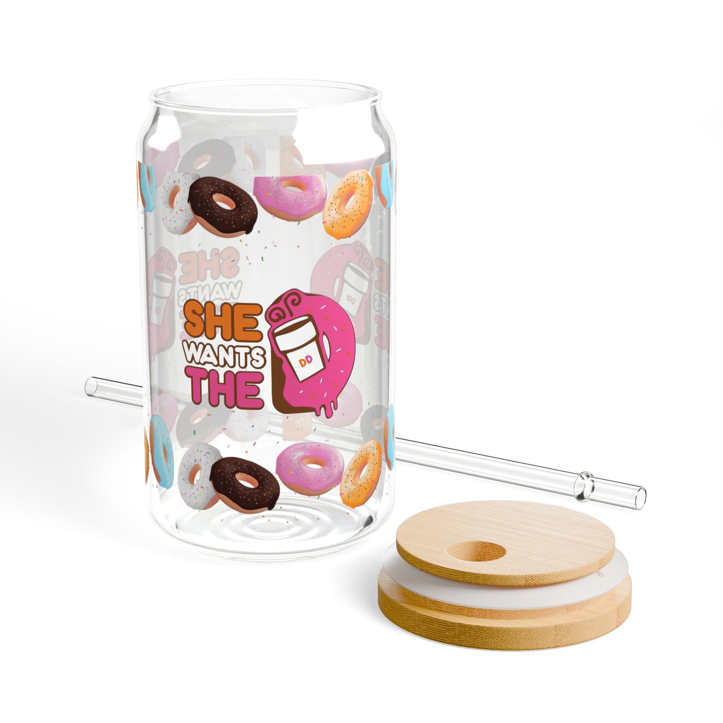 She Wants the D -  Donut Sipper Glass - 16oz Drinkware, Fun Ice Coffee Sipper, Gifts for Smoothie Enthusiast, Unique Coffee Cup