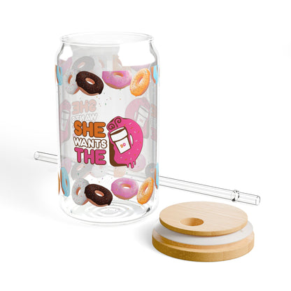 She Wants the D -  Donut Sipper Glass - 16oz Drinkware, Fun Ice Coffee Sipper, Gifts for Smoothie Enthusiast, Unique Coffee Cup