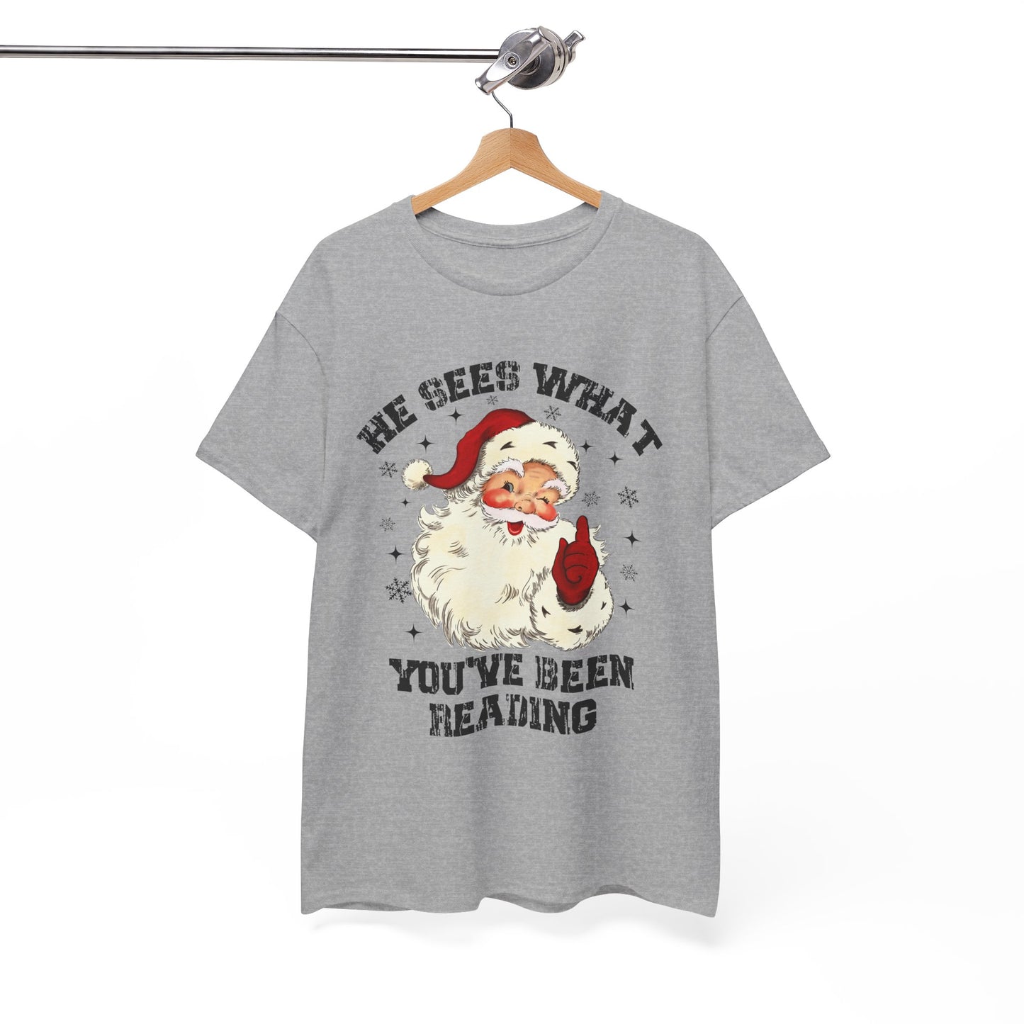 Santa Graphic T-Shirt — “He Sees What You’ve Been Reading” Christmas Tee - Holiday Spicy Reading Tee