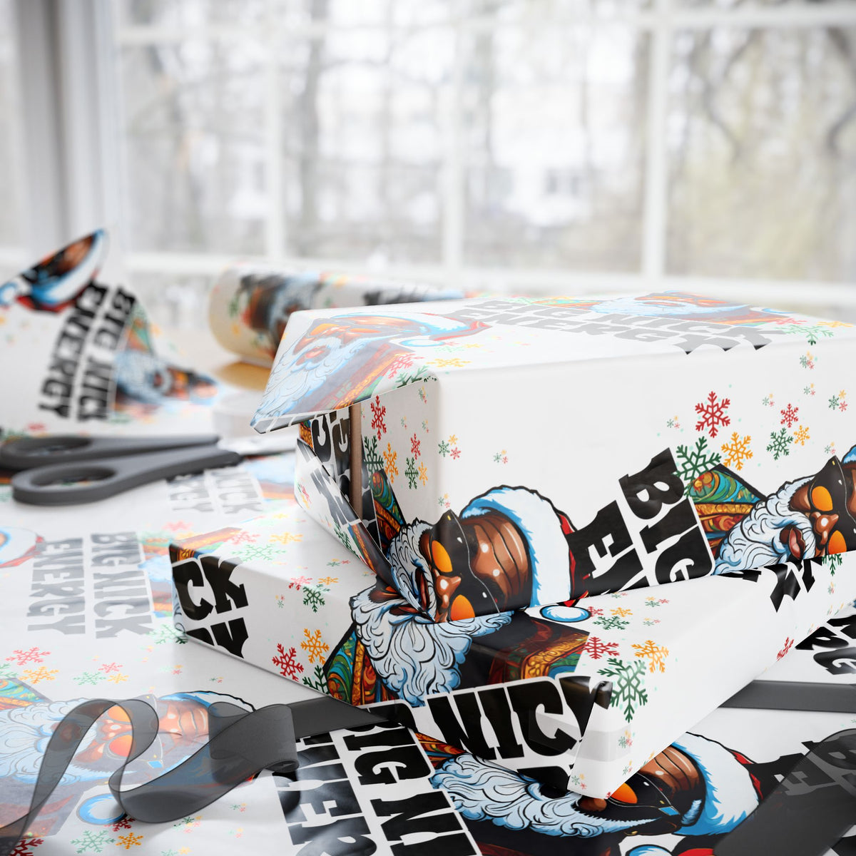Big Nick Energy Gift Wrap | Black Santa Christmas Wrapping Paper | Funny Holiday Gift Wrap | Matte or Glossy Finish