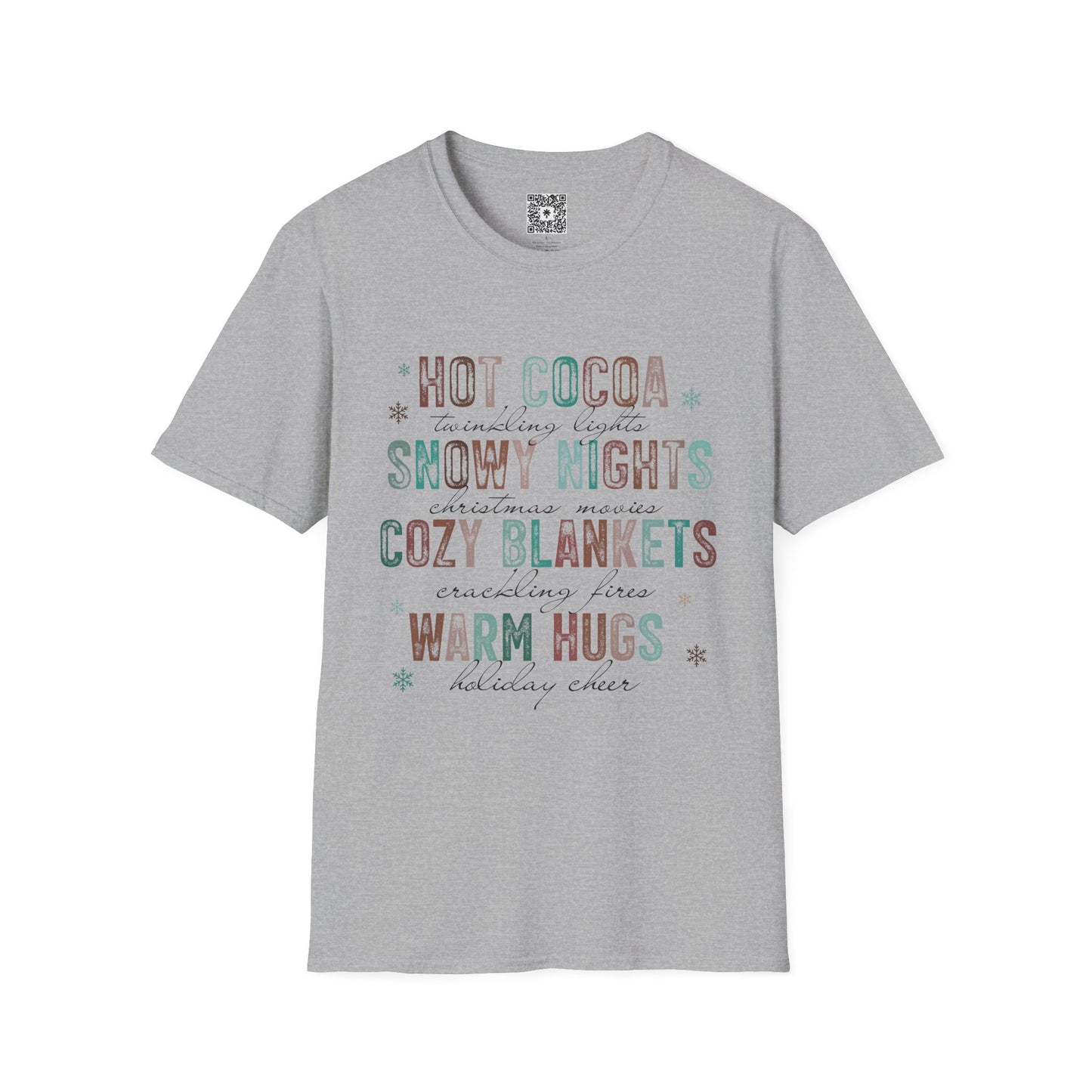 Cozy Winter Vibes T-Shirt — "Hot Cocoa, Snowy Nights, Cozy Blankets, Warm Hugs"