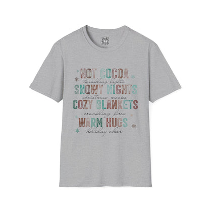 Cozy Winter Vibes T-Shirt — "Hot Cocoa, Snowy Nights, Cozy Blankets, Warm Hugs"