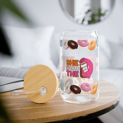 She Wants the D -  Donut Sipper Glass - 16oz Drinkware, Fun Ice Coffee Sipper, Gifts for Smoothie Enthusiast, Unique Coffee Cup