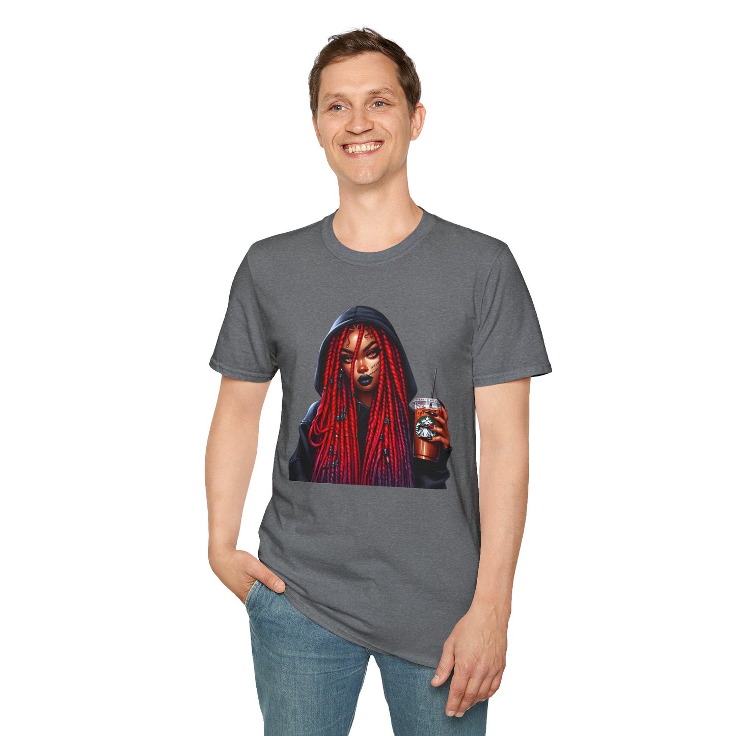 Gothic Emo Horror Girl with a Hoodie and an Ice Coffee Unisex Softstyle T-Shirt, Halloween, Alternative, Horror