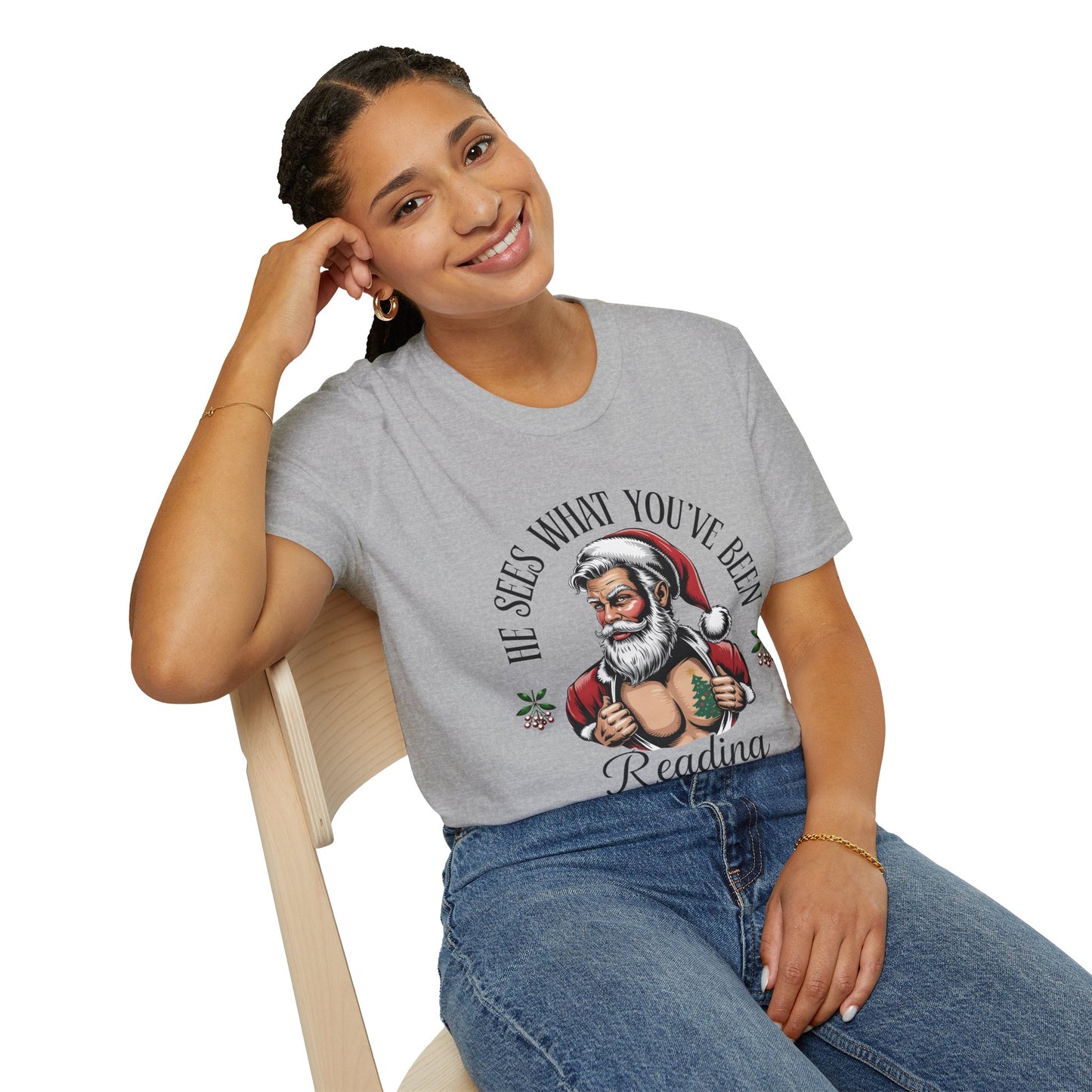 T‑Shirt — "He Sees What You've Been Reading" Funny Santa Christmas Tee, Gift for Book Readers