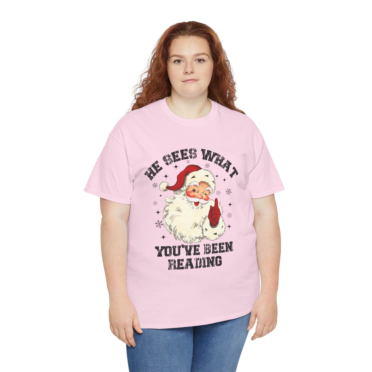 Santa Graphic T-Shirt — “He Sees What You’ve Been Reading” Christmas Tee - Holiday Spicy Reading Tee
