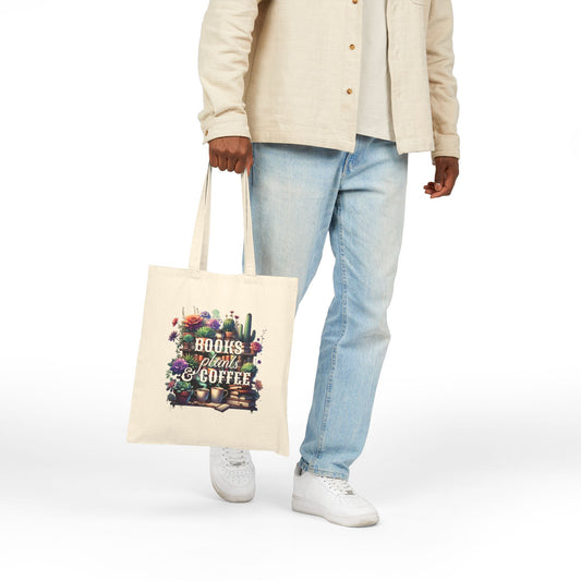 Books, Plants & Coffee Boho Tote Bag | Eco-Friendly Canvas Carryall | Gift for Book Lovers, Plant Moms, Coffee Enthusiasts