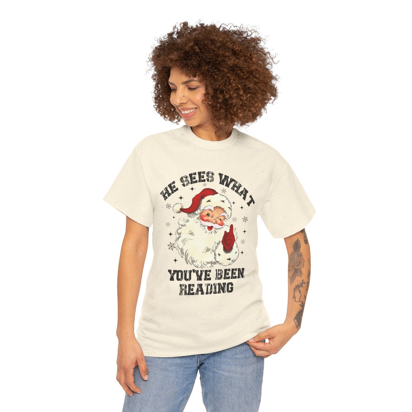 Santa Graphic T-Shirt — “He Sees What You’ve Been Reading” Christmas Tee - Holiday Spicy Reading Tee